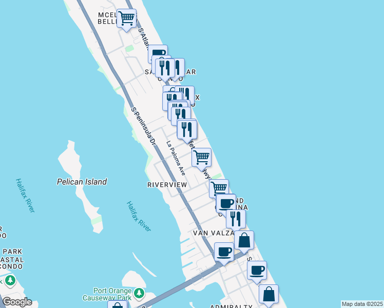 map of restaurants, bars, coffee shops, grocery stores, and more near 3227 South Atlantic Avenue in Daytona Beach Shores