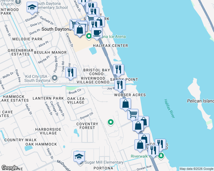 map of restaurants, bars, coffee shops, grocery stores, and more near 625 Reed Canal Road in South Daytona