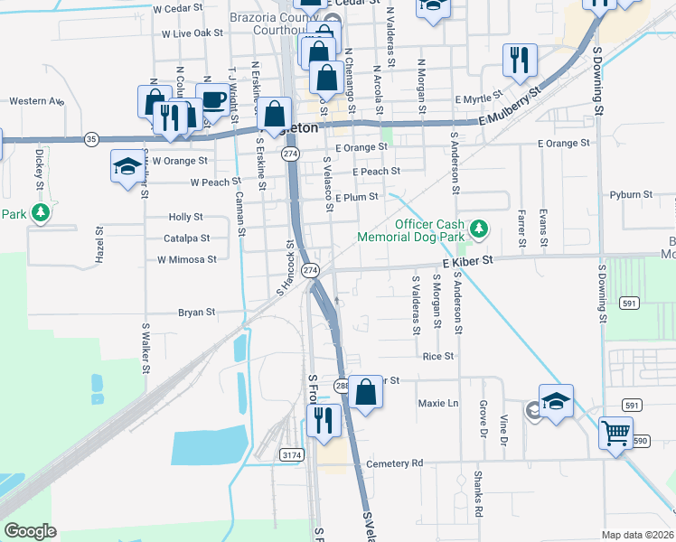 map of restaurants, bars, coffee shops, grocery stores, and more near 600 South Velasco Street in Angleton