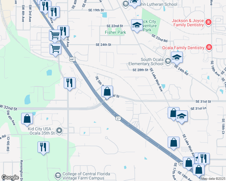 map of restaurants, bars, coffee shops, grocery stores, and more near 3009 Southeast 30th Street in Ocala