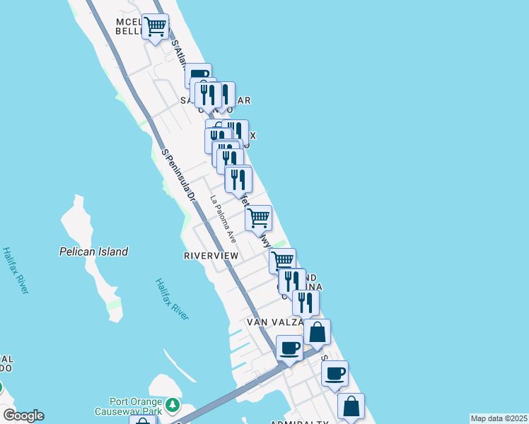 map of restaurants, bars, coffee shops, grocery stores, and more near 3233 South Atlantic Avenue in Daytona Beach Shores