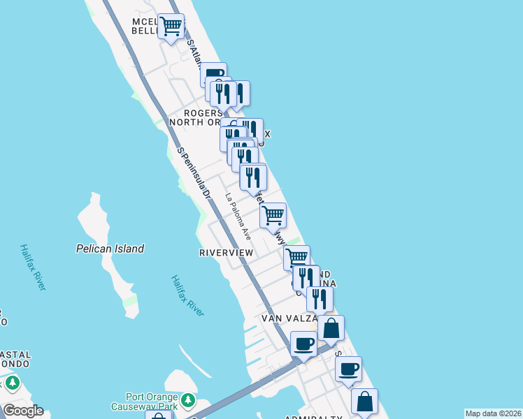map of restaurants, bars, coffee shops, grocery stores, and more near 3227 South Atlantic Avenue in Daytona Beach Shores
