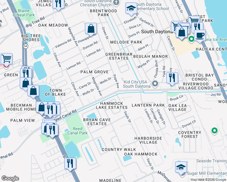 map of restaurants, bars, coffee shops, grocery stores, and more near 810 Reed Canal Road in South Daytona