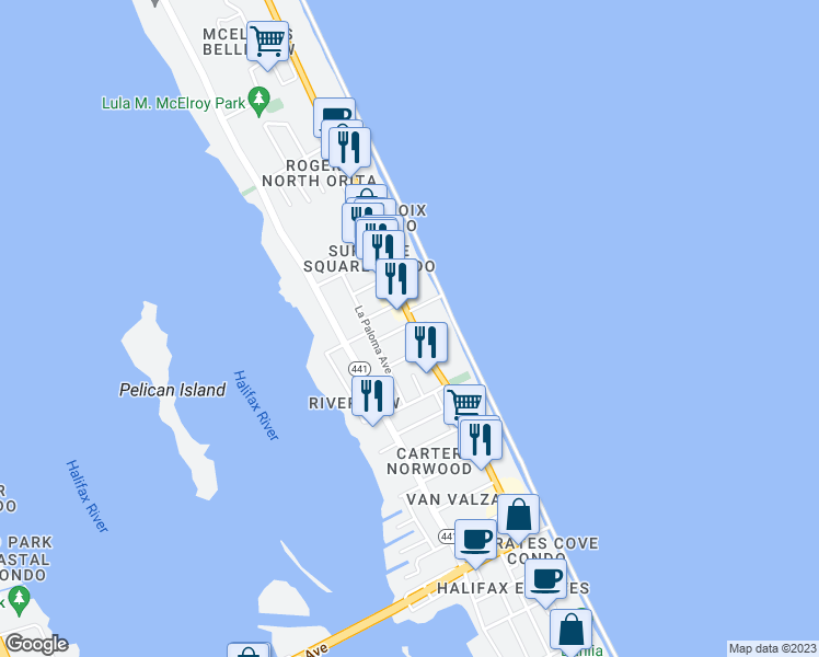 map of restaurants, bars, coffee shops, grocery stores, and more near 3226 South Atlantic Avenue in Daytona Beach
