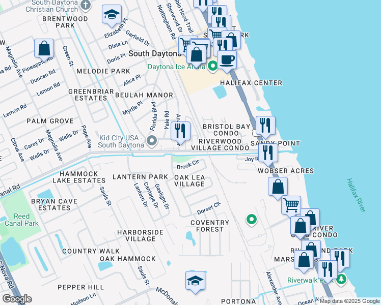 map of restaurants, bars, coffee shops, grocery stores, and more near 566 Reed Canal Road in South Daytona