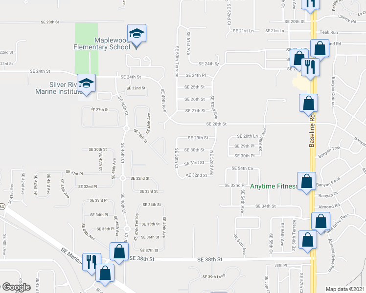 map of restaurants, bars, coffee shops, grocery stores, and more near 5031 Southeast 30th Street in Ocala