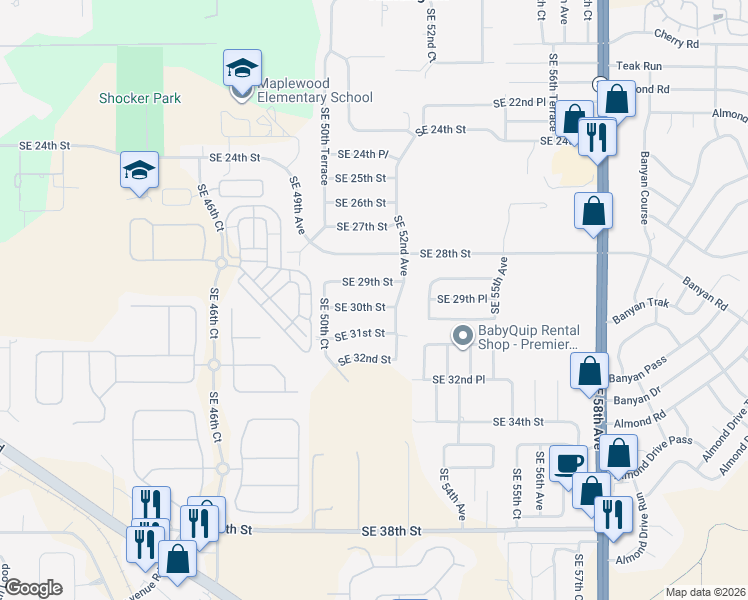 map of restaurants, bars, coffee shops, grocery stores, and more near 5131 Southeast 30th Street in Ocala