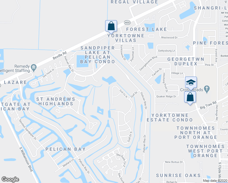 map of restaurants, bars, coffee shops, grocery stores, and more near 180 Gull Circle North in Daytona Beach