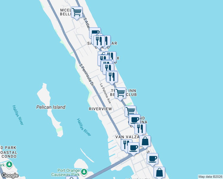 map of restaurants, bars, coffee shops, grocery stores, and more near 125 Esmeralda Avenue in Daytona Beach