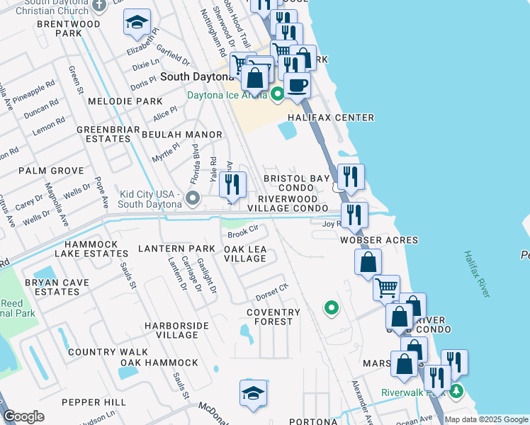 map of restaurants, bars, coffee shops, grocery stores, and more near 546 Brook Circle in South Daytona