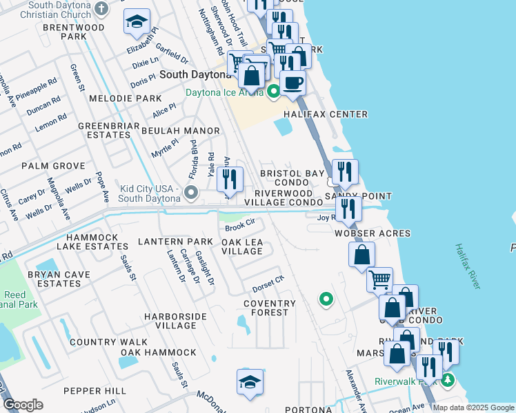 map of restaurants, bars, coffee shops, grocery stores, and more near 546 Brook Circle in South Daytona