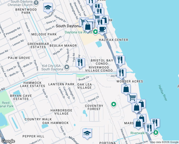 map of restaurants, bars, coffee shops, grocery stores, and more near 546 Brook Circle in South Daytona