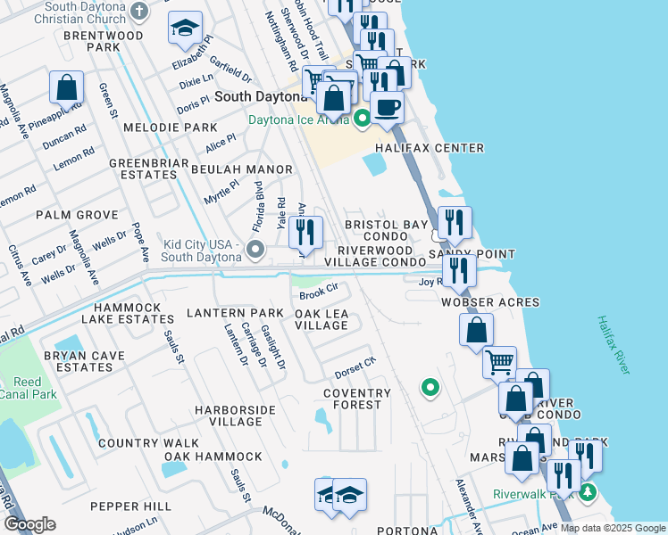 map of restaurants, bars, coffee shops, grocery stores, and more near 566 Reed Canal Road in South Daytona