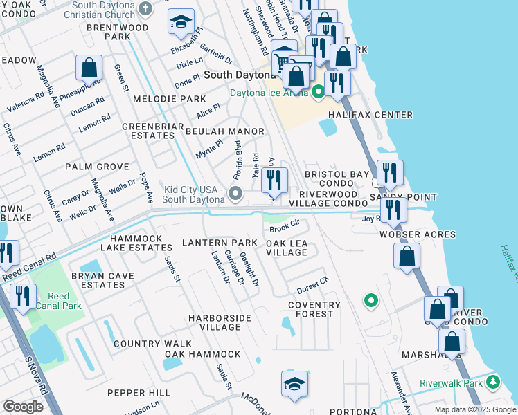 map of restaurants, bars, coffee shops, grocery stores, and more near 600 Reed Canal Road in South Daytona