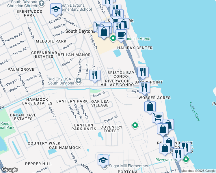 map of restaurants, bars, coffee shops, grocery stores, and more near 546 Brook Circle in South Daytona