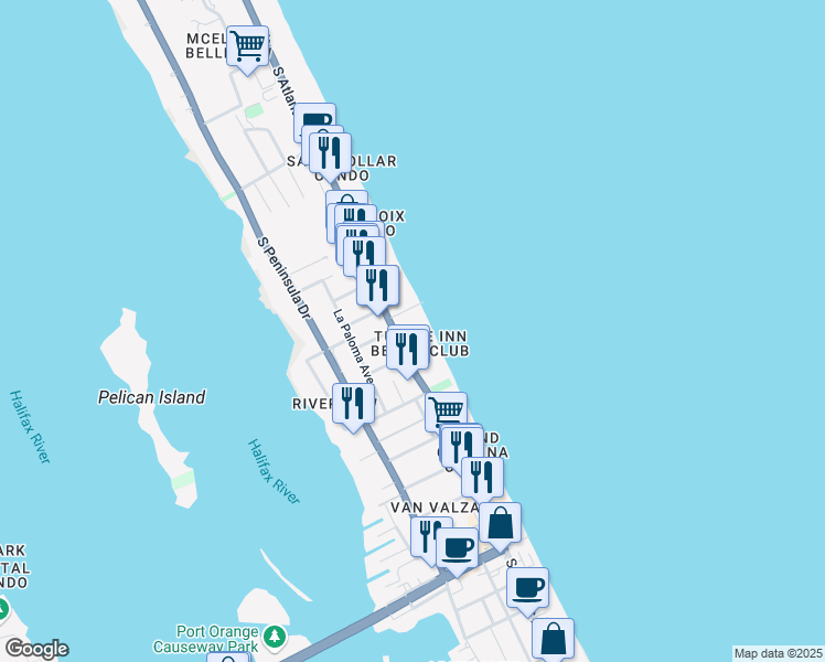 map of restaurants, bars, coffee shops, grocery stores, and more near 3227 South Atlantic Avenue in Daytona Beach Shores