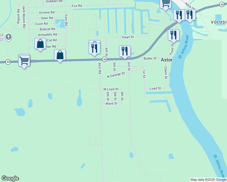 map of restaurants, bars, coffee shops, grocery stores, and more near 24610 West Loyd Street in Astor