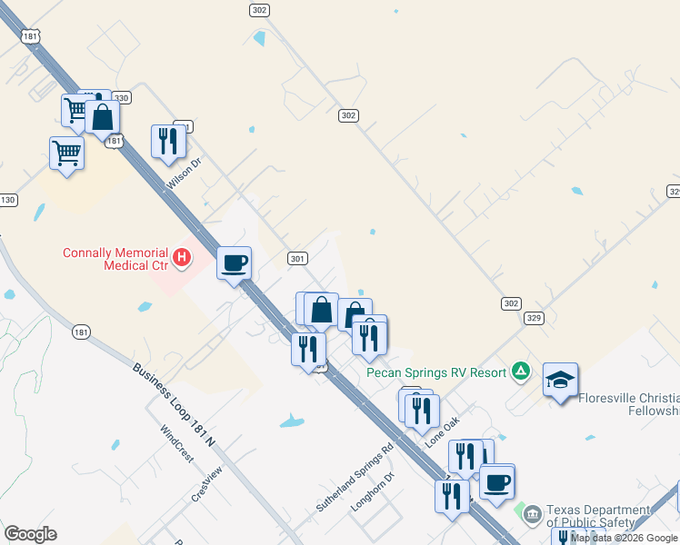 map of restaurants, bars, coffee shops, grocery stores, and more near 454 County Road 301 in Floresville