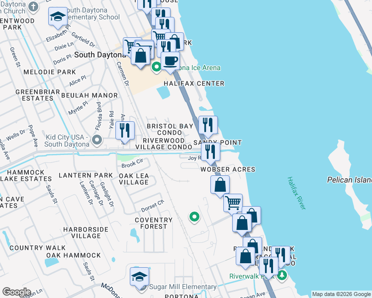 map of restaurants, bars, coffee shops, grocery stores, and more near 625 Reed Canal Road in South Daytona