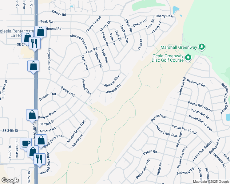 map of restaurants, bars, coffee shops, grocery stores, and more near 16 Almond Trail in Ocala