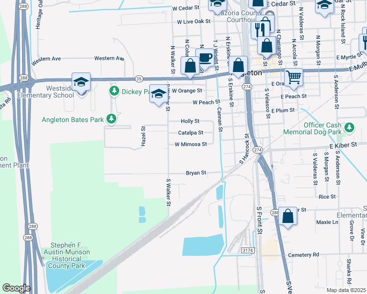 map of restaurants, bars, coffee shops, grocery stores, and more near 617 West Mimosa Street in Angleton