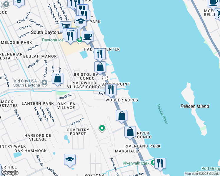 map of restaurants, bars, coffee shops, grocery stores, and more near 1960 South Ridgewood Avenue in South Daytona