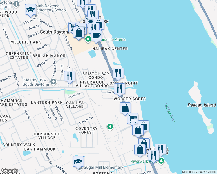 map of restaurants, bars, coffee shops, grocery stores, and more near 625 Reed Canal Road in South Daytona