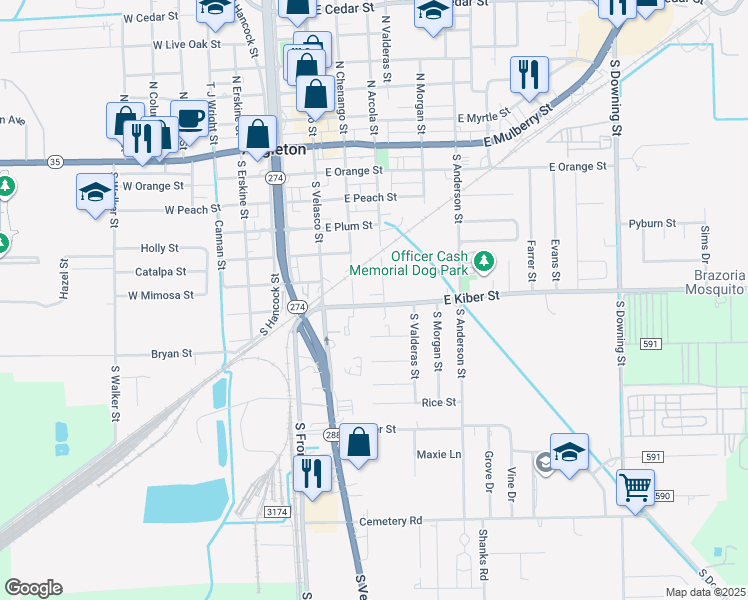 map of restaurants, bars, coffee shops, grocery stores, and more near 208 East Kiber Street in Angleton
