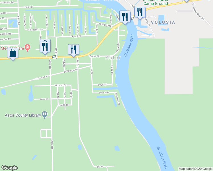 map of restaurants, bars, coffee shops, grocery stores, and more near 24942 Loyd Street in Astor