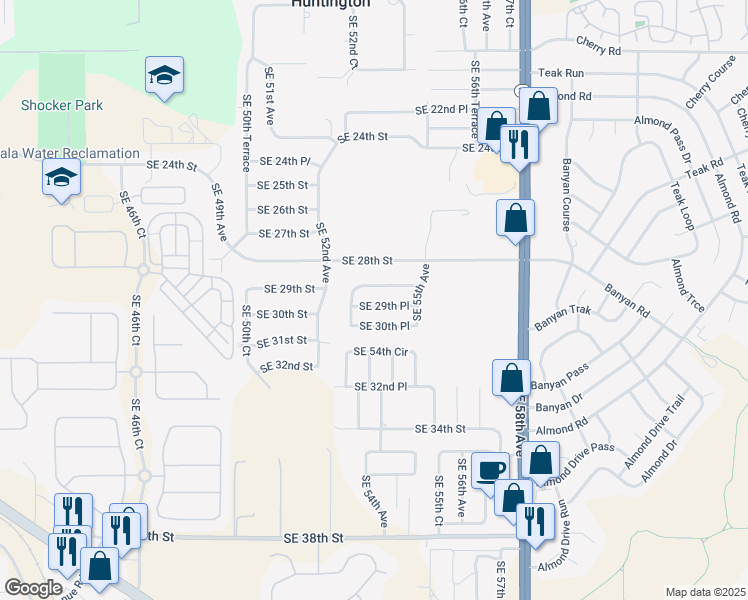 map of restaurants, bars, coffee shops, grocery stores, and more near 5350 Southeast 29th Place in Ocala