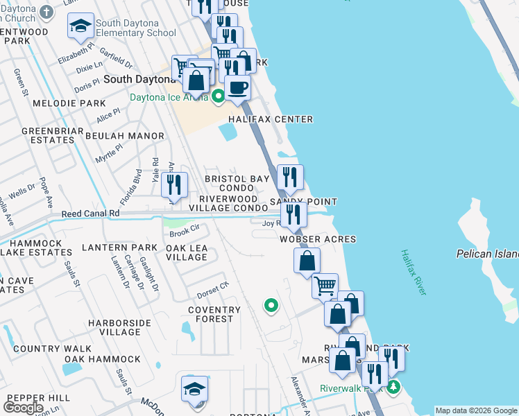 map of restaurants, bars, coffee shops, grocery stores, and more near 625 Reed Canal Road in South Daytona