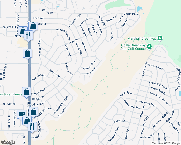 map of restaurants, bars, coffee shops, grocery stores, and more near 16 Almond Trail in Ocala