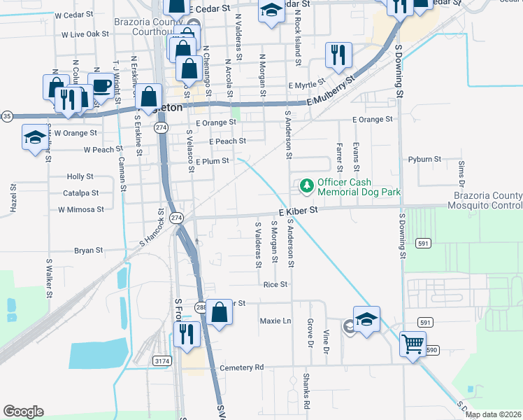 map of restaurants, bars, coffee shops, grocery stores, and more near 701 South Valderas Street in Angleton