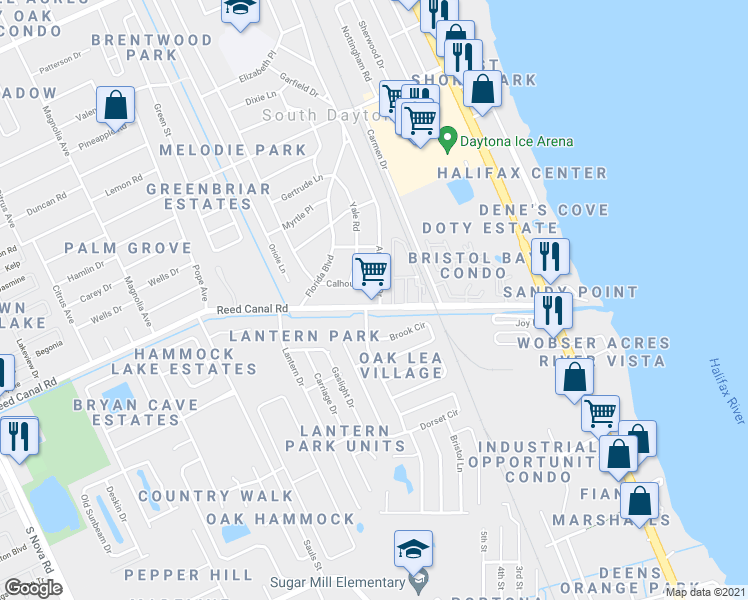 map of restaurants, bars, coffee shops, grocery stores, and more near 600 Reed Canal Road in South Daytona