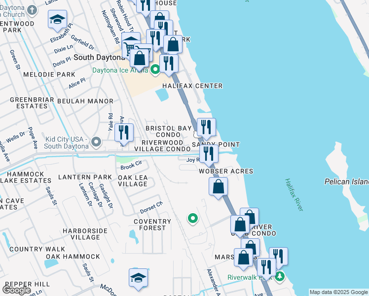 map of restaurants, bars, coffee shops, grocery stores, and more near 625 Reed Canal Road in South Daytona