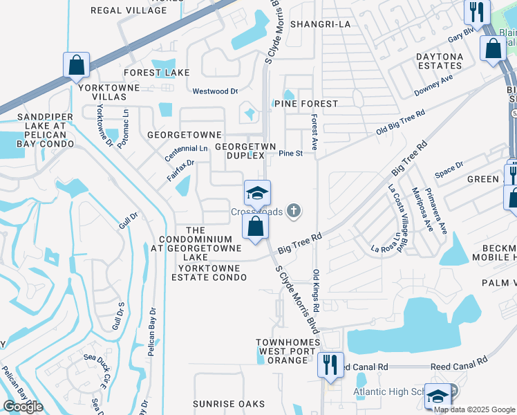 map of restaurants, bars, coffee shops, grocery stores, and more near 1850 South Clyde Morris Boulevard in Daytona Beach