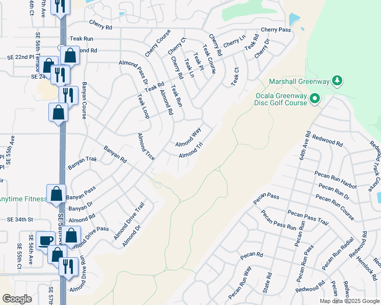 map of restaurants, bars, coffee shops, grocery stores, and more near 16 Almond Trail in Ocala
