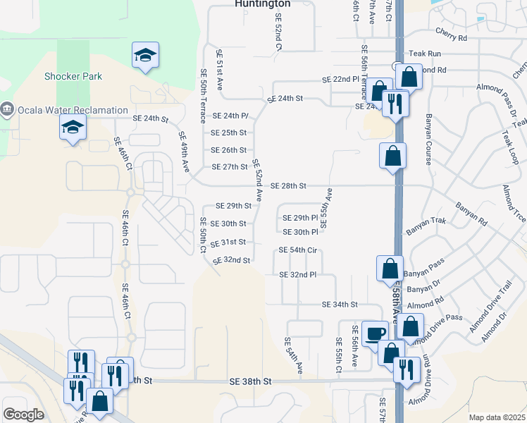 map of restaurants, bars, coffee shops, grocery stores, and more near 2921 Southeast 52nd Avenue in Ocala