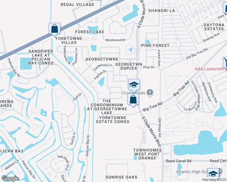 map of restaurants, bars, coffee shops, grocery stores, and more near 104 Colleen Drive in Daytona Beach