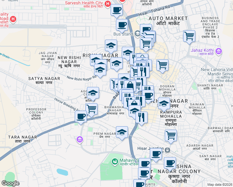 map of restaurants, bars, coffee shops, grocery stores, and more near Balsamand Road in Hisar