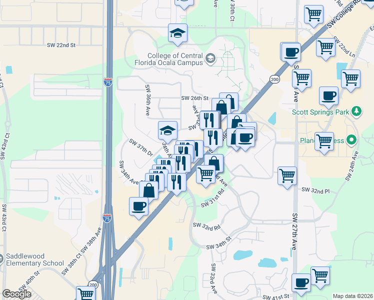 map of restaurants, bars, coffee shops, grocery stores, and more near 2945 Southwest 32nd Avenue in Ocala
