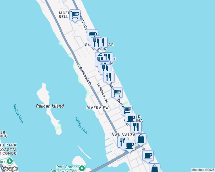 map of restaurants, bars, coffee shops, grocery stores, and more near 140 Cascade Terrace in Daytona Beach