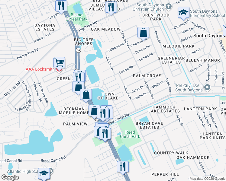 map of restaurants, bars, coffee shops, grocery stores, and more near 303 Honeysuckle Street in South Daytona