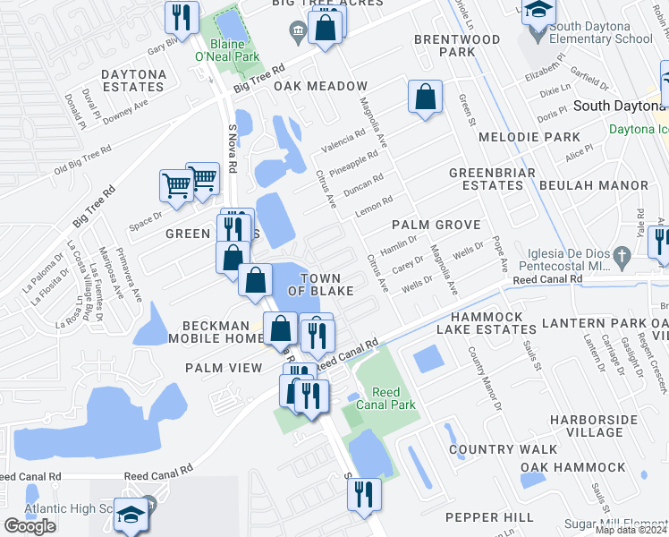 map of restaurants, bars, coffee shops, grocery stores, and more near 303 Honeysuckle Street in South Daytona