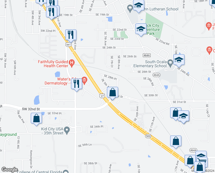 map of restaurants, bars, coffee shops, grocery stores, and more near Southeast 5th Terrace in Ocala