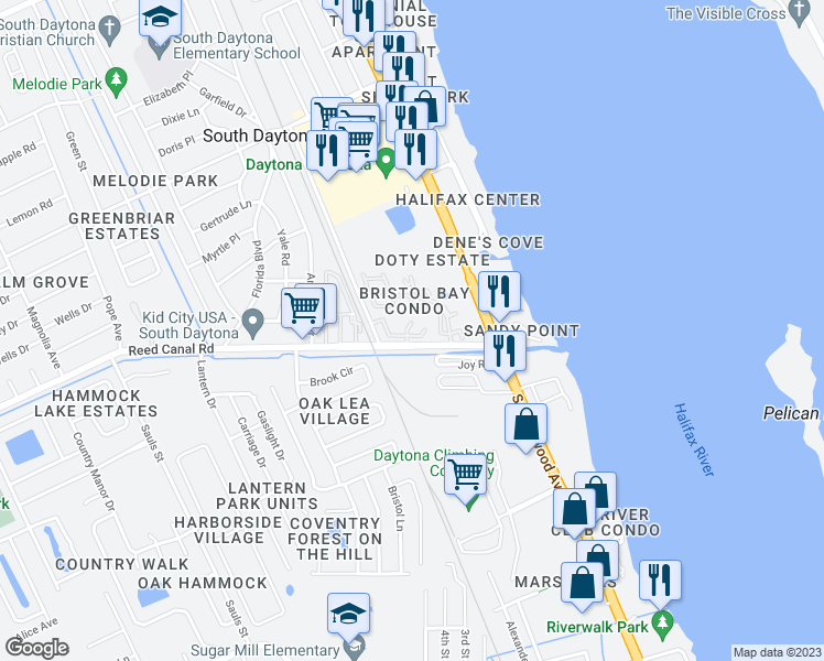 map of restaurants, bars, coffee shops, grocery stores, and more near 480 Reed Canal Road in South Daytona