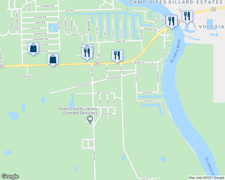 map of restaurants, bars, coffee shops, grocery stores, and more near 24625 Loyd Street in Astor