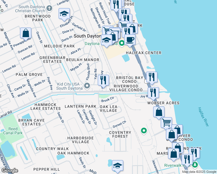 map of restaurants, bars, coffee shops, grocery stores, and more near 566 Reed Canal Road in South Daytona