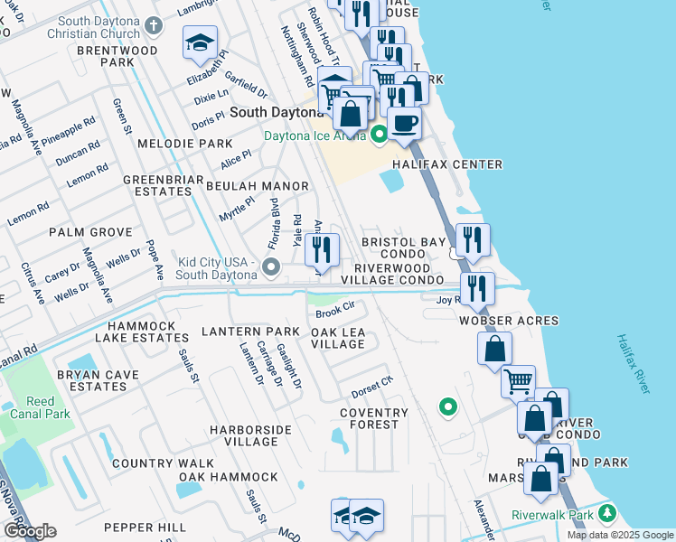 map of restaurants, bars, coffee shops, grocery stores, and more near 566 Reed Canal Road in South Daytona