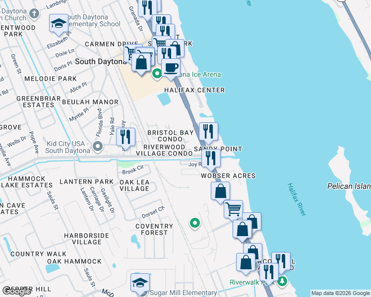 map of restaurants, bars, coffee shops, grocery stores, and more near 625 Reed Canal Road in South Daytona